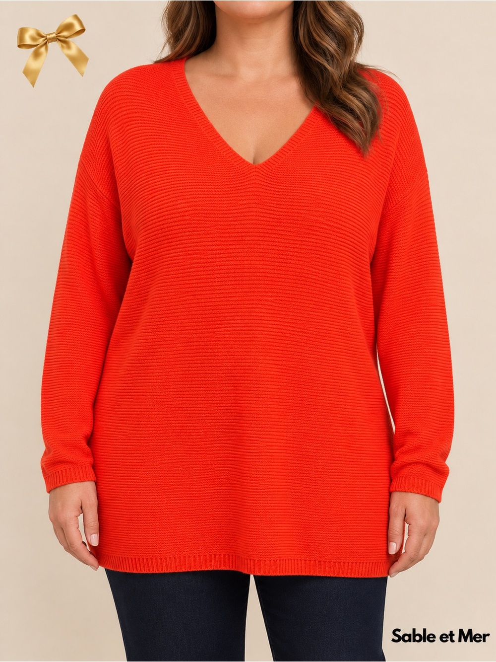 Sable et Mer Orange 100% Cotton V-Neck Textured Tunic Sweater XL